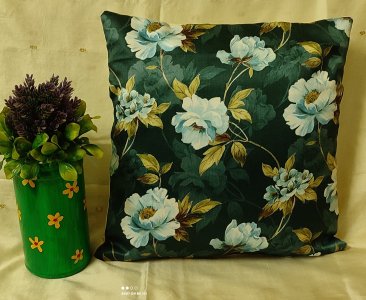 Dark Green colour with big flowers on thick glossy smooth textured fabric, set of 5 cushion covers