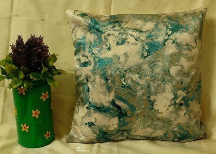 Blue with abstract design on thick glossy smooth textured fabric, set of 5 cushion covers