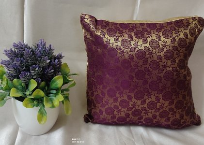Deep Violet Motifs on brocade fabric, set of 5 cushion covers, Size - 12X12 Inch cushion covers for Sofa