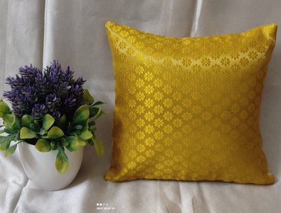 Bright Yellow Brocade Fabric with Small floral pattern, 12X12 Inch size - Set of Five Cushion Covers for Sofa