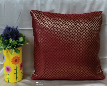 Maroon Floral Motifs on a gold background Brocade Fabric, 16X16 Inch size - Set of Five Cushion Covers for Sofa