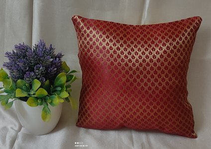 Maroon Floral Motifs on a gold background Brocade Fabric, 12X12 Inch size - Set of Five Cushion Covers for Sofa