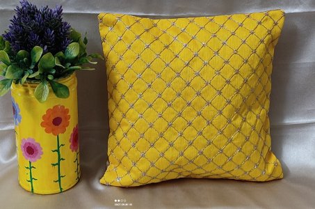 Yellow Brocade with Gold Embroidery, 16X16 Inch, Set of 5 cushion covers