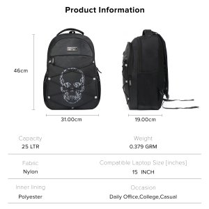 POLICE Skullhead Black Laptop Backpack with Skull Graphic, 4 Compartments, Water Resistant