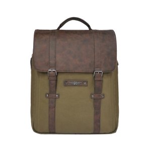 POLICE Tendra Vintage Laptop Backpack | Olive Canvas with Brown Leatherette Flap | 4 Compartments | Heritage Travel & Work Bag