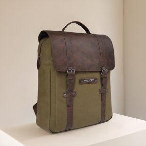 POLICE Tendra Vintage Laptop Backpack | Olive Canvas with Brown Leatherette Flap | 4 Compartments | Heritage Travel & Work Bag