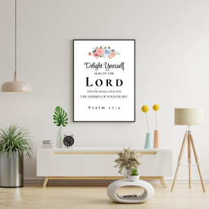 Psalm 37:4 Bible Verse Wall Frame A4 – “Delight Yourself in the Lord” Christian Floral Scripture Wall Art Poster for Home Decor