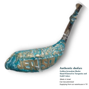 Authentic Golden Jerusalem Shofar | Hand-Painted Turquoise & Gold | Made in Israel | Customizable | Decorative & Ceremonial Shofar
