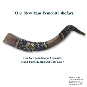 Authentic One New Man Yemenite Shofar | Hand-Painted Blue & Gold | Made in Israel | Customizable | Messianic Kudu Horn