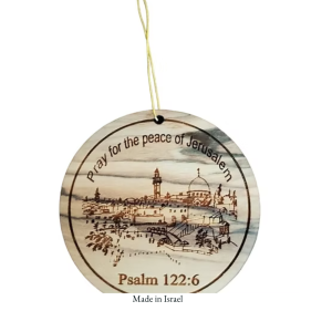 Handcrafted Jerusalem Olive Wood Ornament | Psalm 122:6 Cityscape Engraving | Made in Israel