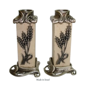 Authentic Jerusalem Stone Shabbat Candle Holders | 'First Fruits' Sheaves Design | Antique Silver Finish | Made in Israel