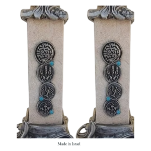 Authentic Jerusalem Stone Shabbat Candle Holders | Biblical Coins & Menorah Design | Antique Silver Finish | Made in Israel
