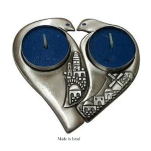 Jerusalem Love Doves Heart Candle Holders | Antique Silver Finish Cityscape Design | Handcrafted in Israel