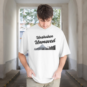 Unshaken Unmoved Christian Oversize UNISEX T-Shirt | Faith Mountain Cross Graphic Tee | Inspirational Bible Faith Shirt