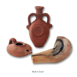 Made in Israel Biblical Replica Set | Oil Lamp, Shofar & Oil Vase | Holy Land Biblical Artifacts Collection | Judaica Gift Set