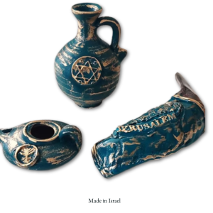 Made in Israel Hand Painted Biblical Replica Set | Oil Lamp, Shofar & Oil Vase | Holy Land Handcrafted Judaica Artifacts