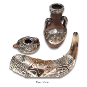 Silver Plated Biblical Set – Oil Lamp, Shofar & Oil Vase | Holy Land Judaica Set | Made in Israel