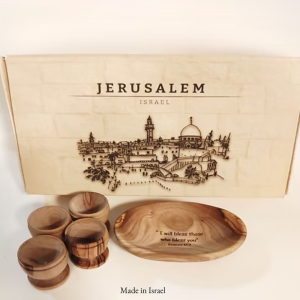 Genesis 12:3 Handcrafted Olive Wood Communion Set | Oval Tray & 4 Cups | Made in Israel