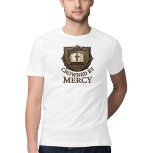 Crowned By Mercy Christian Regular Fit Front Print UNISEX T-Shirt for Men & Women | Bible Shield Faith Graphic Tee