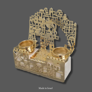 Jerusalem Stone Candle Holders – Gold/Silver Finish | Made in Israel (YC074)