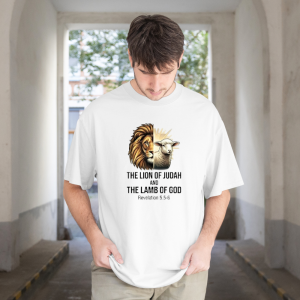 Lion of Judah and Lamb of God Christian Oversized Front Print UNISEX T-Shirt for Men & Women | Revelation 5:5-6 Bible Verse Tee