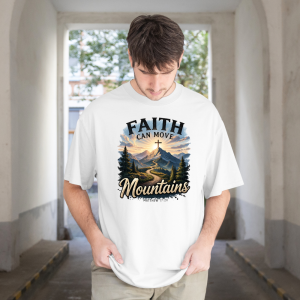 Faith Can Move Mountains Oversized Christian T-Shirt for Men & Women | Matthew 17:20 Cross Mountain Graphic Loose Fit Tee
