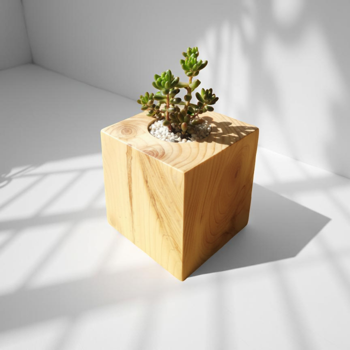 Wooden Plant Pot with artificial succulent plant