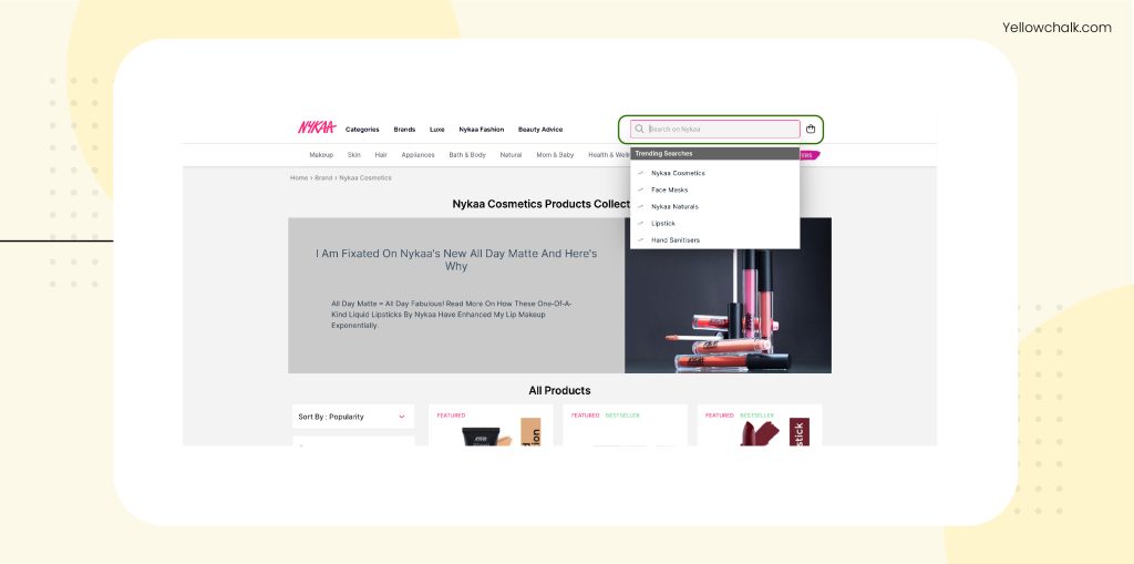 Placeholder text on search bar of Nykaa | Yellowchalk