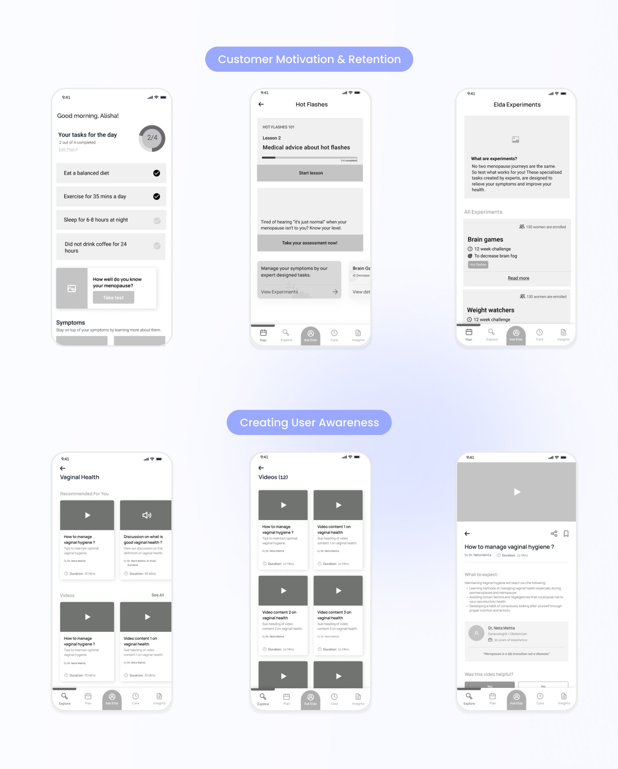 UX Screens for Elda Health | Women Healthcare App | Yellowchalk Design