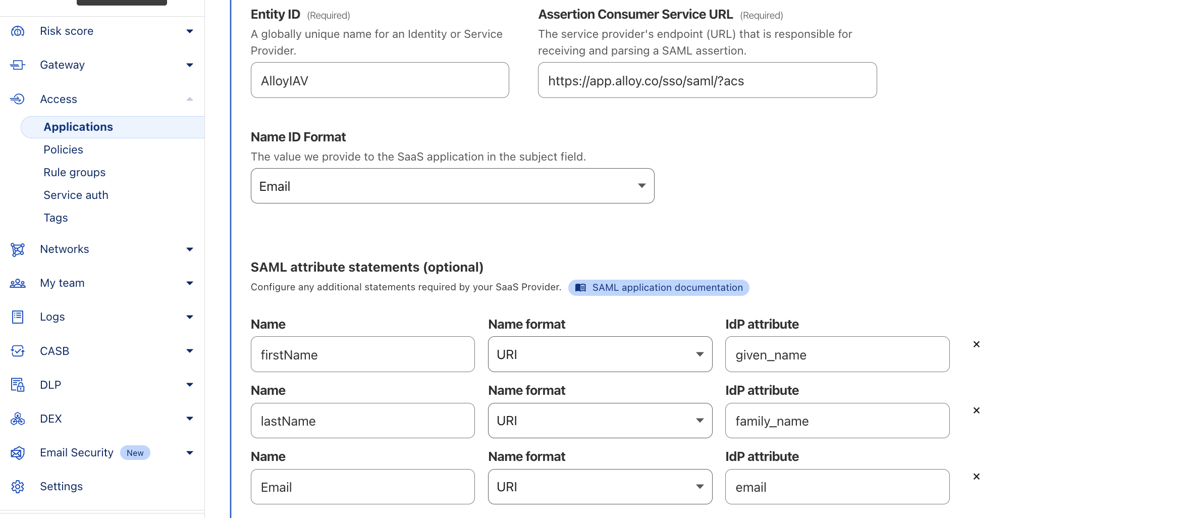 SAML Attributes Configuration