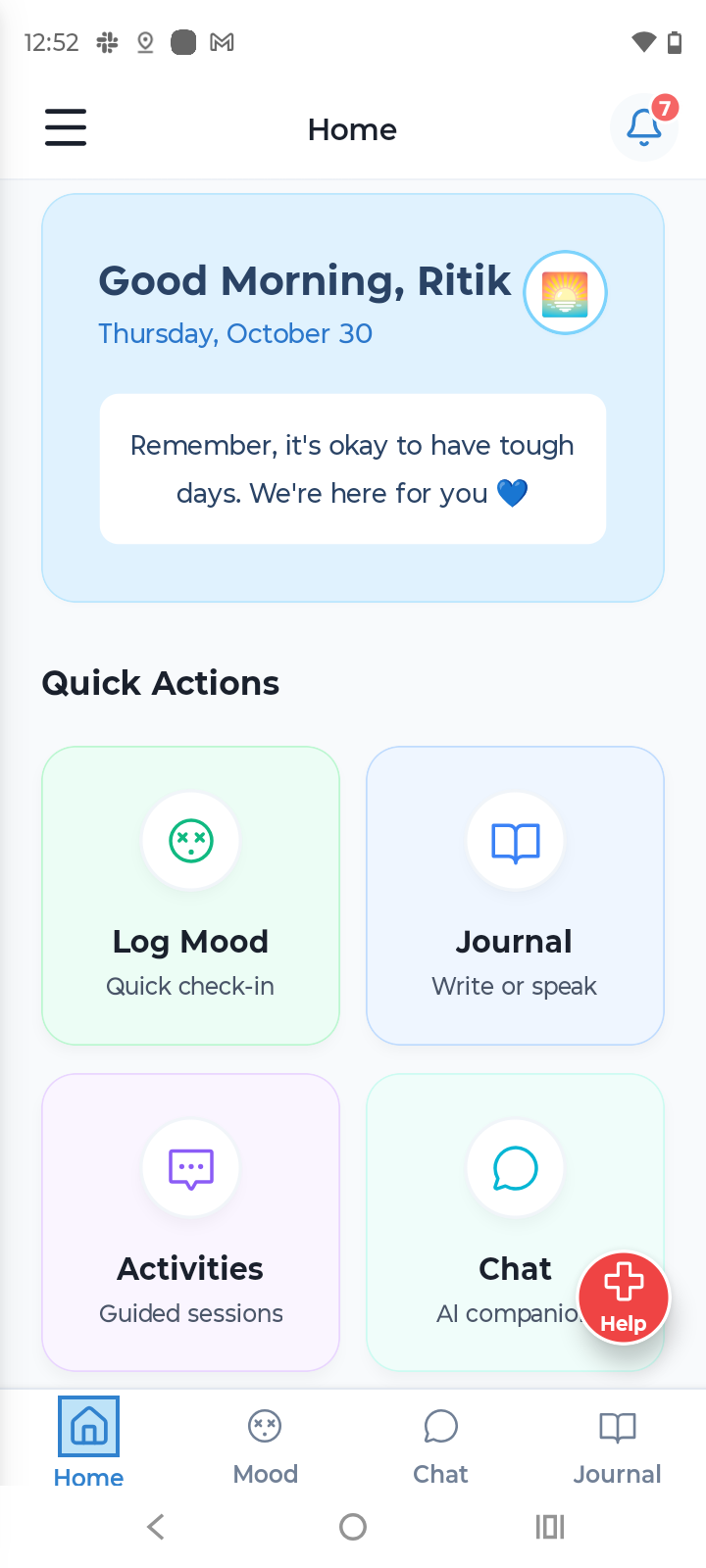 Mentis app home screen showing personalized dashboard with mood trends and quick access features