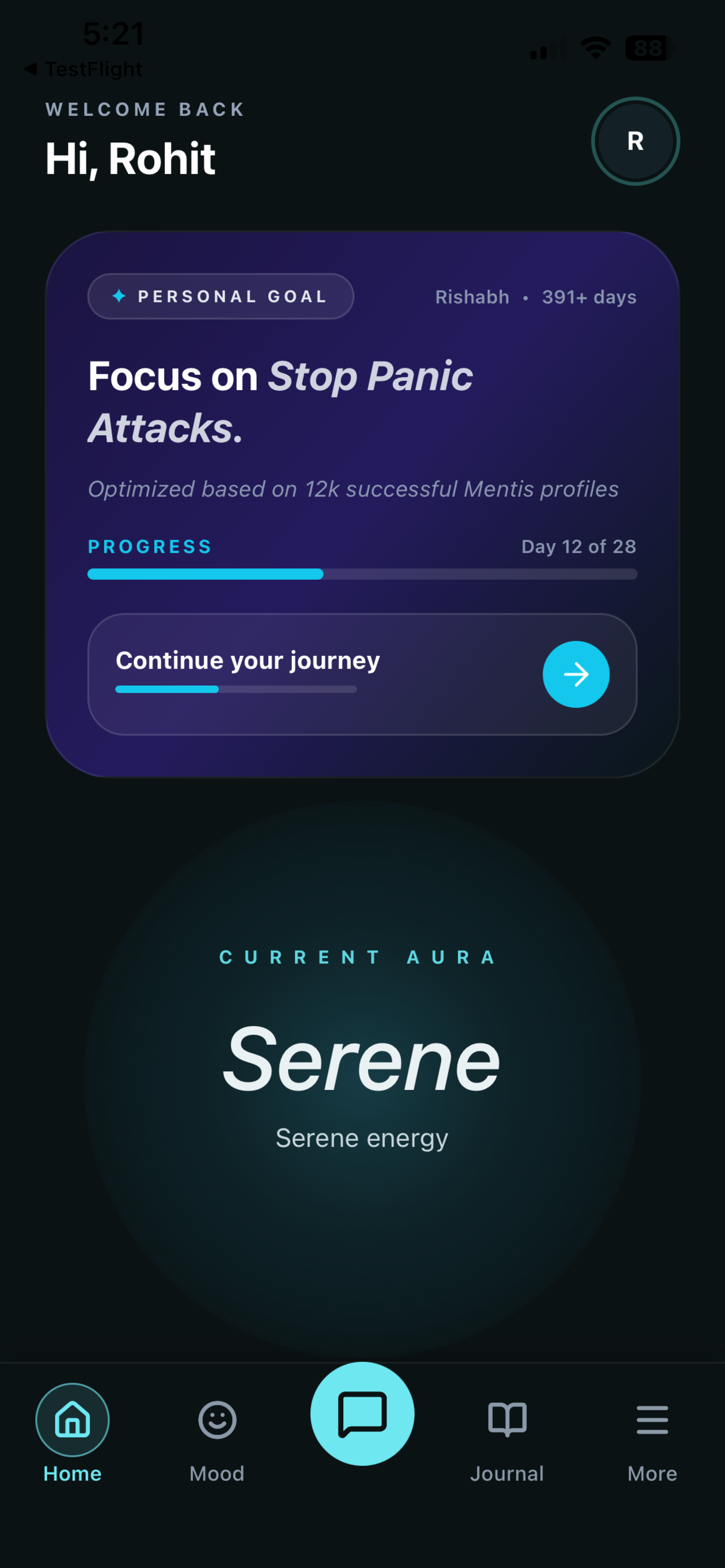 Mentis AI mental health app home screen