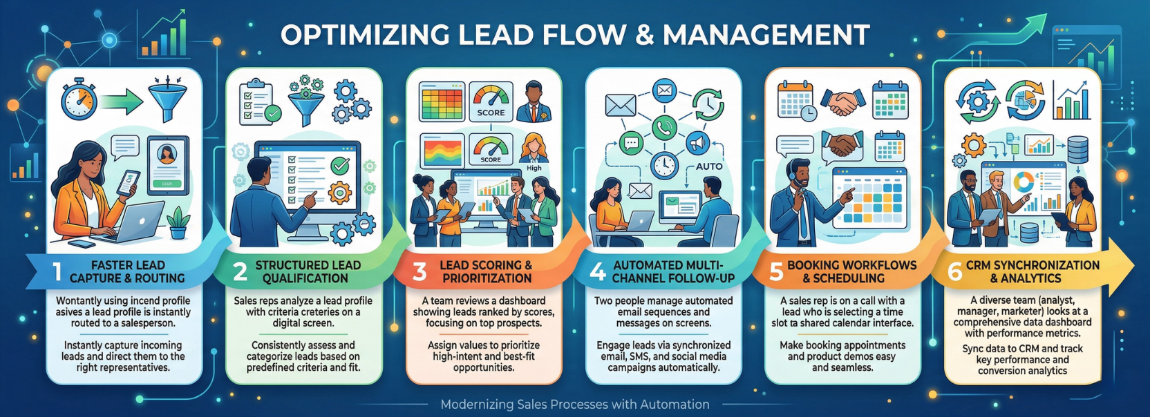 Lead management automation infographic showing lead capture, qualification, scoring, follow-up workflows, scheduling, and CRM analytics