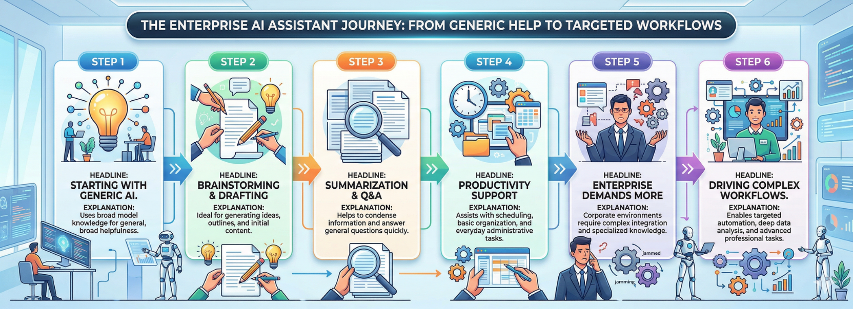 Enterprise AI assistant journey from generic AI to advanced workflow automation and targeted business execution
