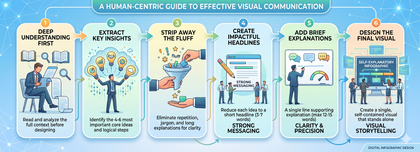 Six-step infographic showing a human-centric process for creating clear, effective visual communication