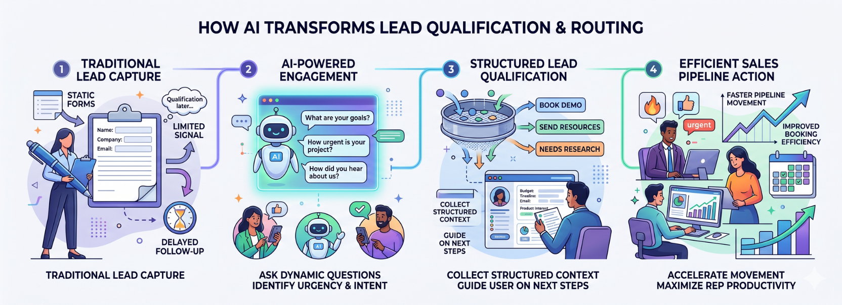Infographic illustrating how AI transforms lead qualification and routing, from traditional lead capture to AI-driven engagement and efficient pipeline action.