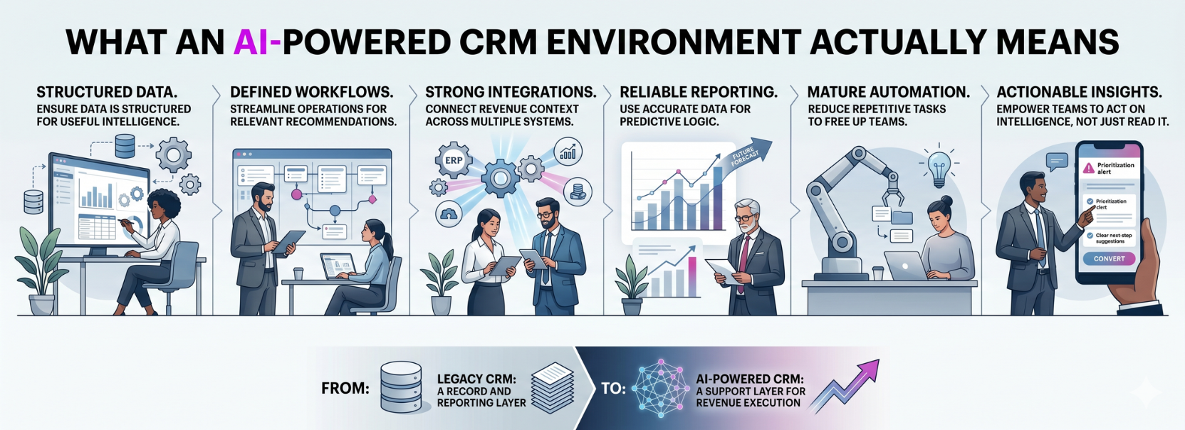 Infographic explaining what an AI-powered CRM environment means, including structured data, defined workflows, strong integrations, reliable reporting, mature automation, and actionable insights.