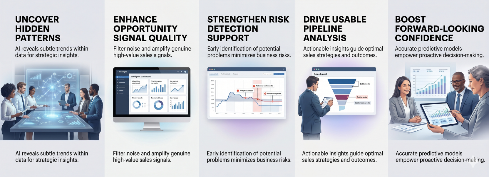 Infographic showing how AI improves forecasting by uncovering hidden patterns, enhancing opportunity signal quality, strengthening risk detection, driving usable pipeline analysis, and boosting forward-looking confidence.