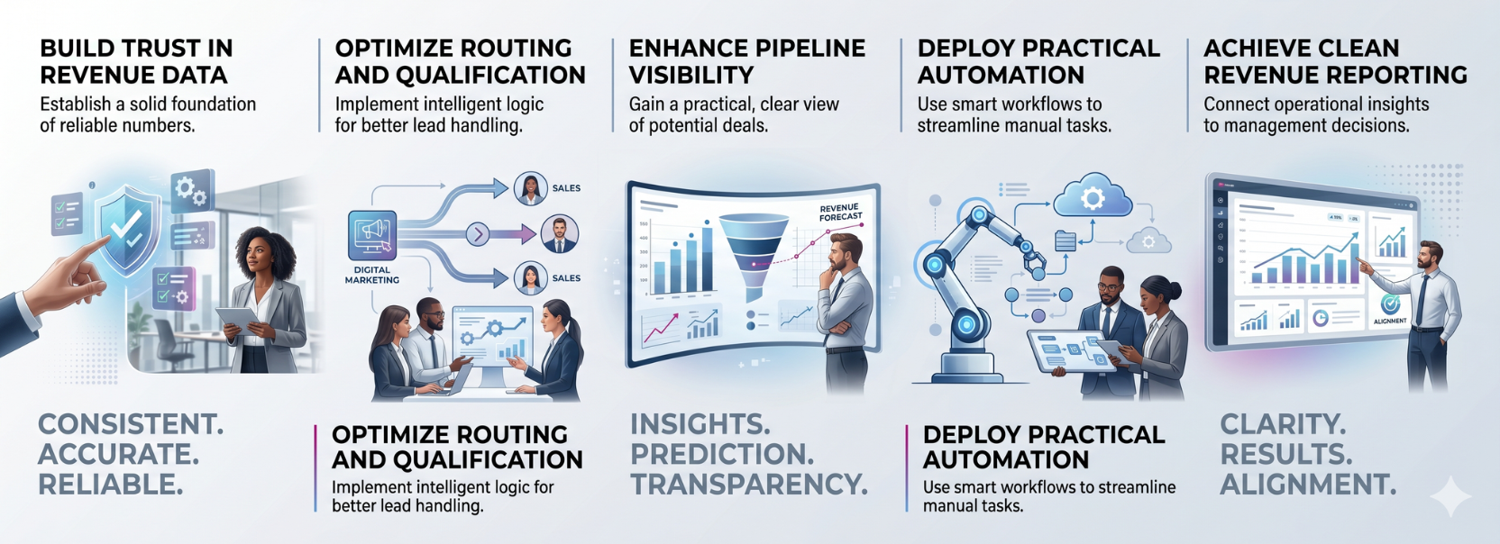 Infographic showing key RevOps priorities for AI growth, including building trust in revenue data, optimizing routing and qualification, enhancing pipeline visibility, deploying practical automation, and achieving clean revenue reporting.