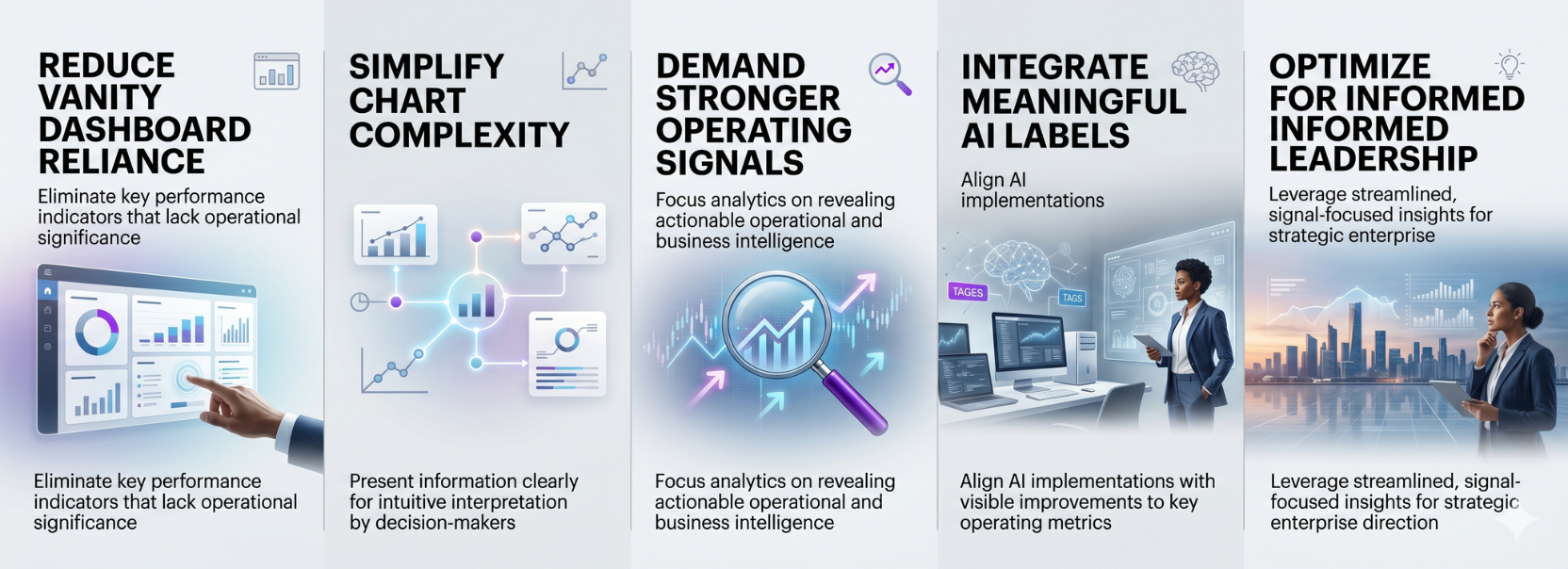 Infographic showing how smart CRM intelligence improves decision-making by reducing vanity dashboard reliance, simplifying chart complexity, demanding stronger operating signals, integrating meaningful AI labels, and optimizing leadership insight.