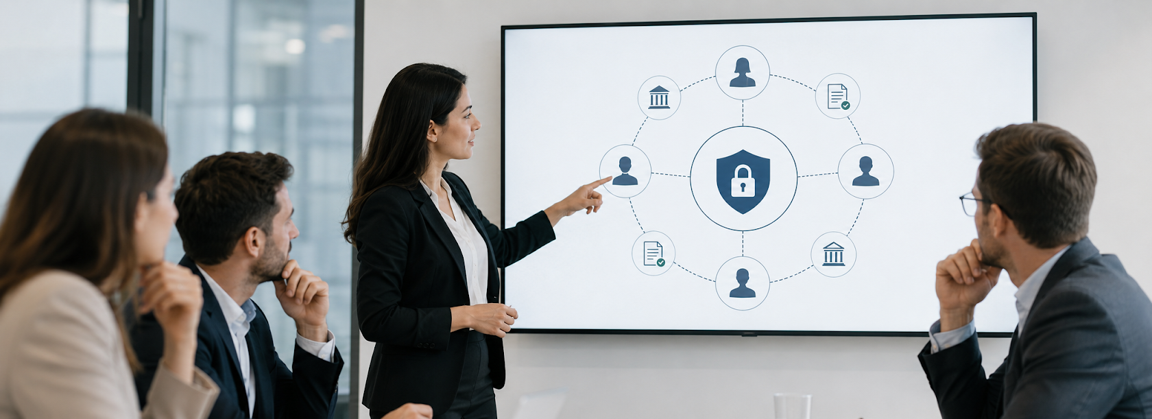Public vs permissioned vs hybrid blockchain comparison showing a business professional selecting blockchain network models for enterprise use