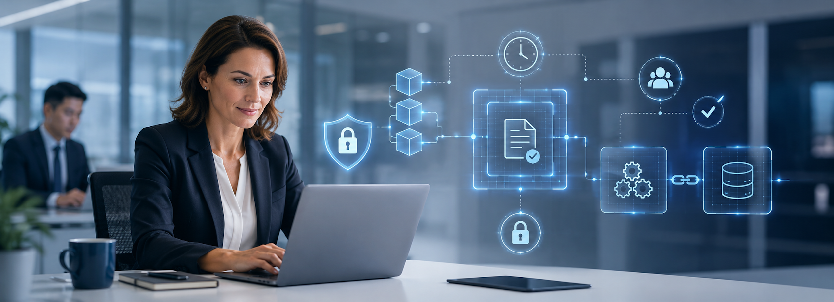 Business professional reviewing secure smart contract workflow with blockchain, automation, approval, and data integration icons