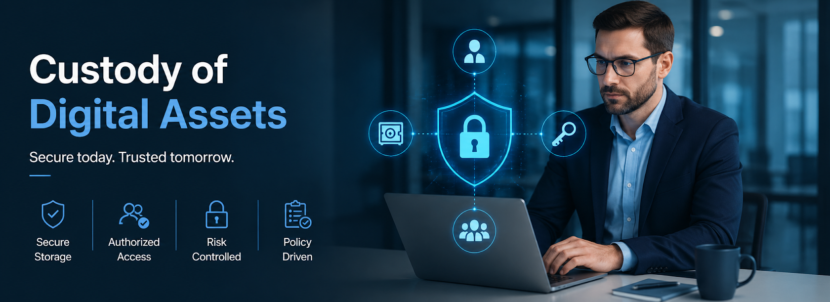 Custody of digital assets showing secure storage, authorized access, risk control, and policy-driven blockchain security processes