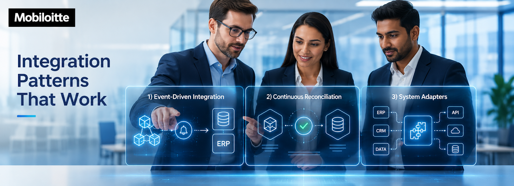 Enterprise team reviewing tokenized asset integration patterns including event-driven integration, continuous reconciliation, and system adapters for ERP, CRM, API, and data systems