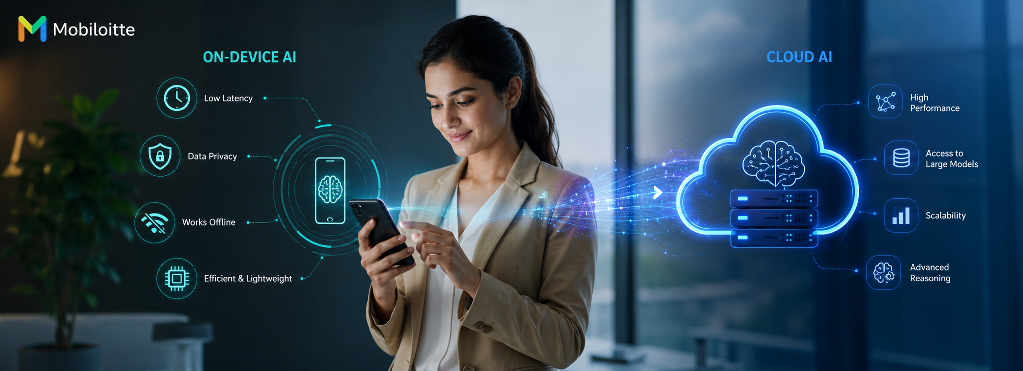 On-device AI and cloud AI comparison showing mobile AI benefits like low latency, data privacy, offline access, scalability, large models, and advanced reasoning