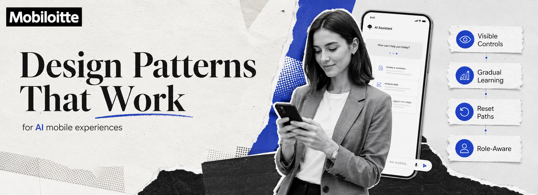 Design patterns for AI mobile experiences showing visible controls, gradual learning, reset paths, and role-aware personalization features