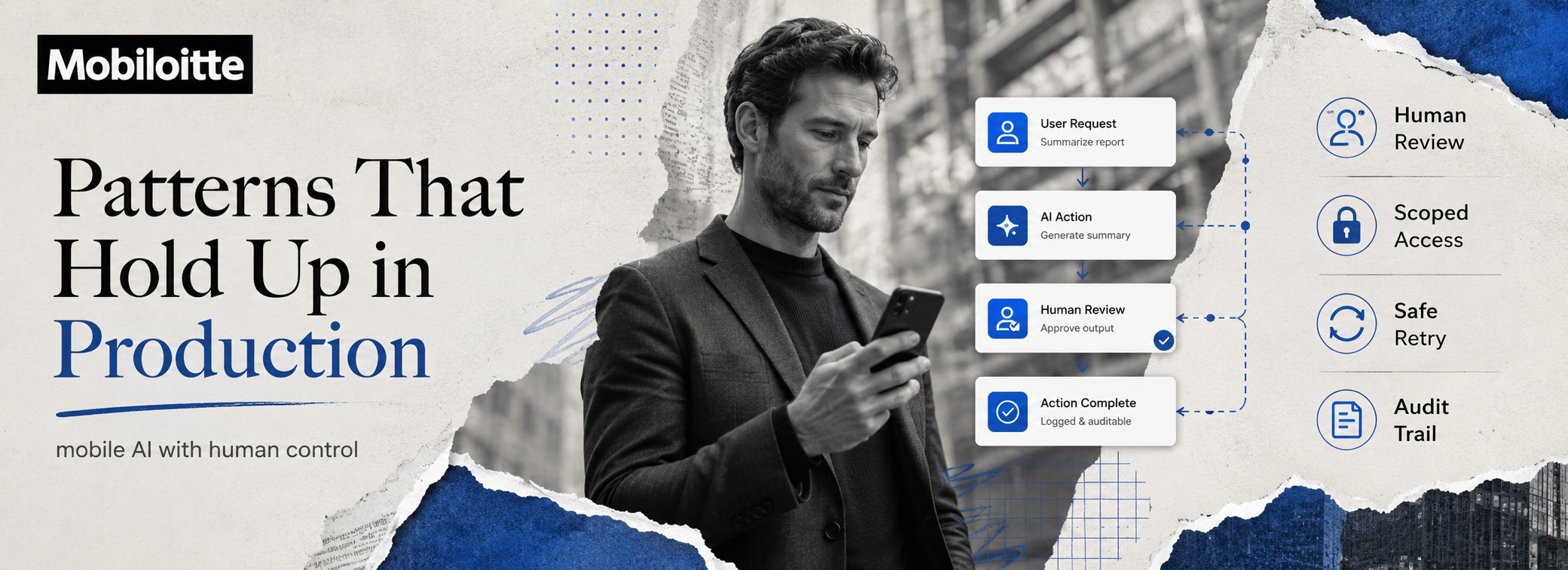 Mobile AI production patterns showing human review, scoped access, safe retry, and audit trail for enterprise workflow control
