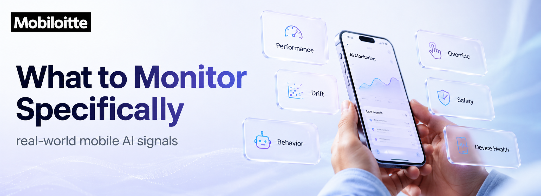 Mobile AI monitoring dashboard showing real-world signals including performance, drift, behavior, override, safety, and device health metrics