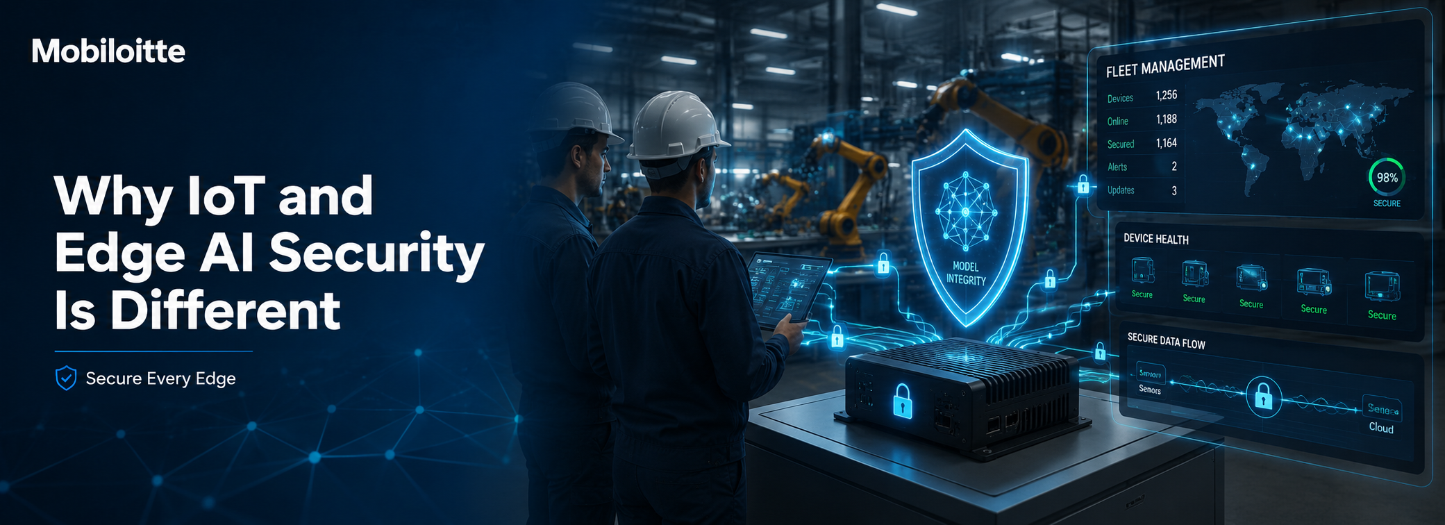 Securing IoT and Edge AI deployments at scale with device authentication, data encryption, secure boot, threat detection, protected devices, fleet management, and AI analytics