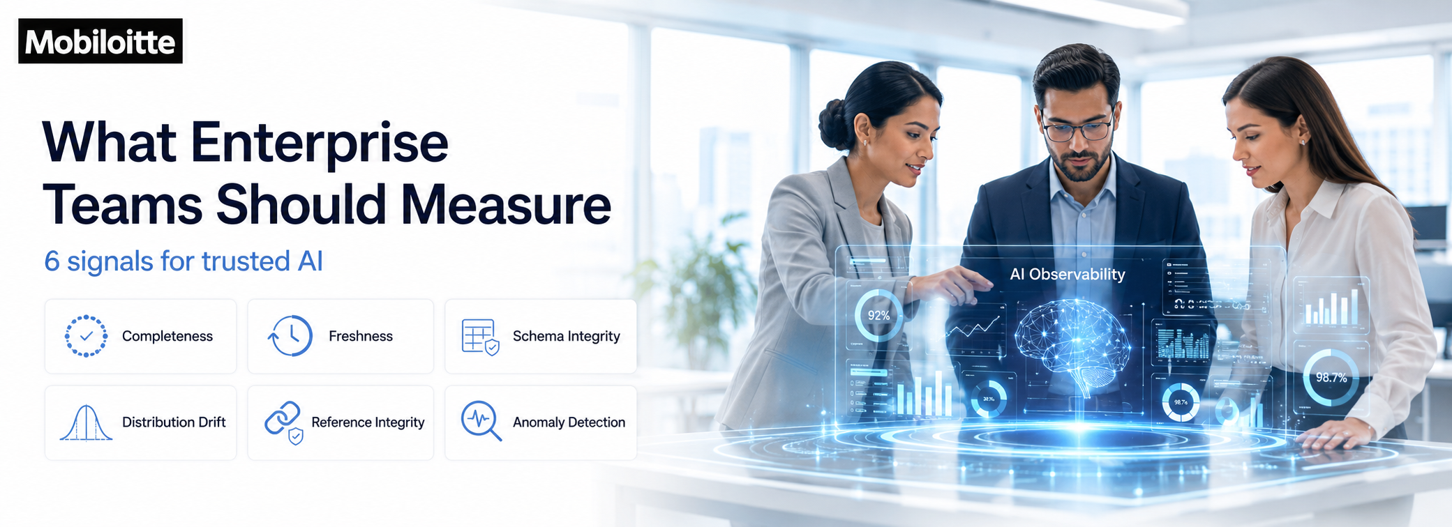 Enterprise AI observability dashboard showing six trusted AI signals including completeness, freshness, schema integrity, distribution drift, reference integrity, and anomaly detection